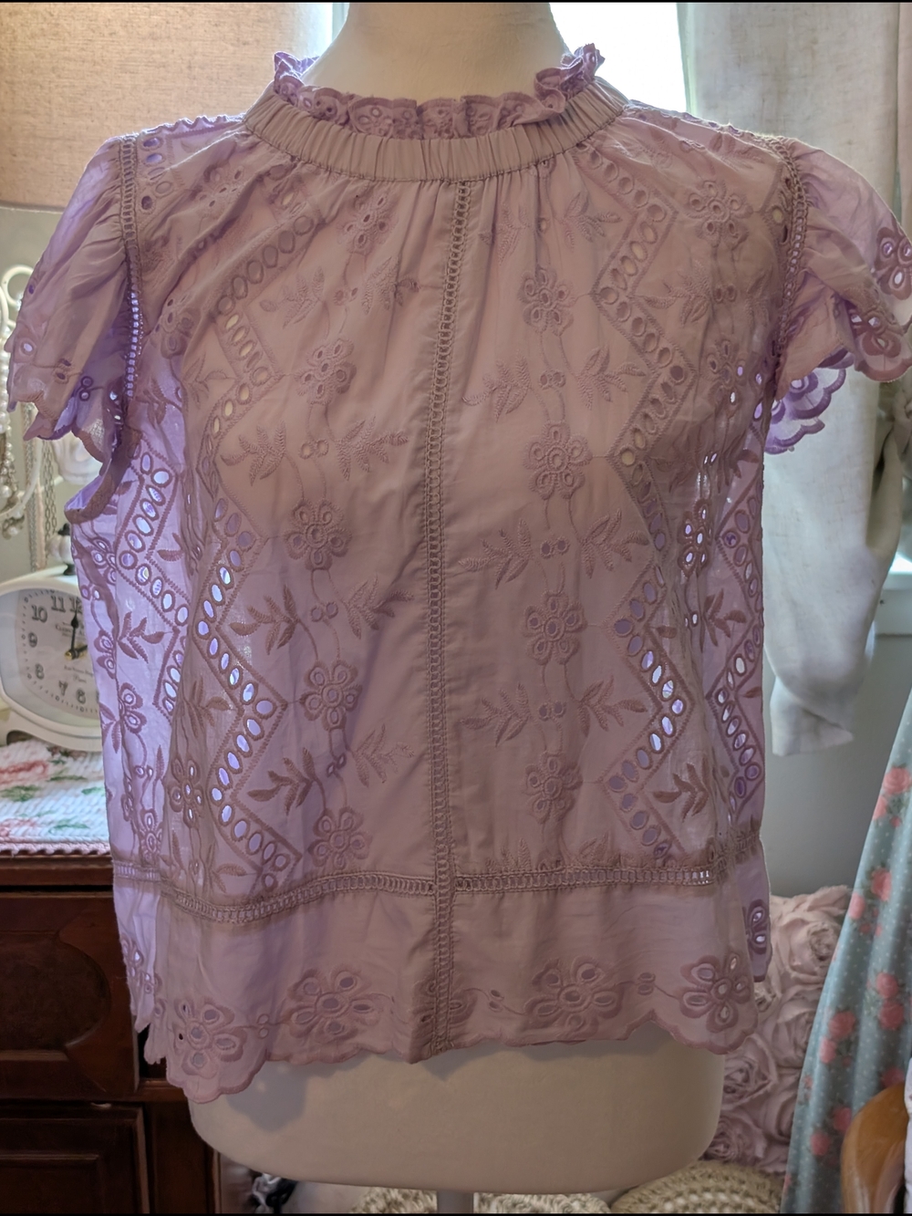 Lavender Eyelet Lace Short Sleeve Blouse - Women